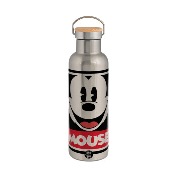 Mickey Mouse, Stainless steel Silver with wooden lid (bamboo), double wall, 750ml