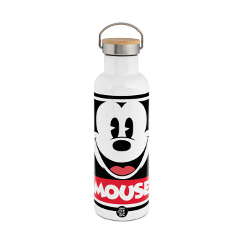 Mickey Mouse, Stainless steel White with wooden lid (bamboo), double wall, 750ml