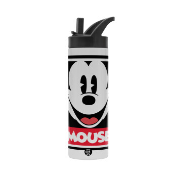 Mickey Mouse, Metallic thermos bottle with straw & handle, stainless steel (Stainless steel 304), double-walled, 600ml.