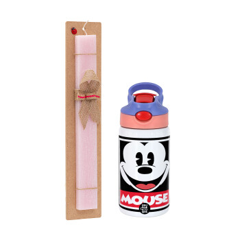 Mickey Mouse, Easter Set, Children's thermal stainless steel water bottle with safety straw, pink/purple (350ml) & Easter scented flat candle (30cm) (PINK)