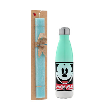 Mickey Mouse, Easter Set, Metallic green/white thermos (Stainless steel), double-walled, 500ml & scented flat Easter candle (30cm) (TURQUOISE)