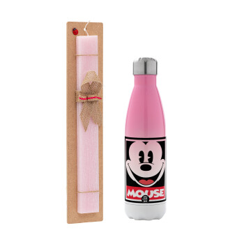 Mickey Mouse, Easter Set, Metallic pink/white (Stainless steel) thermos, double-walled, 500ml & aromatic flat Easter candle (30cm) (PINK)