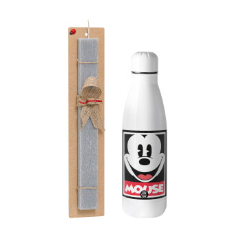 Mickey Mouse, Easter Set, metallic stainless thermos bottle (500ml) & scented flat Easter candle (30cm) (GRAY)