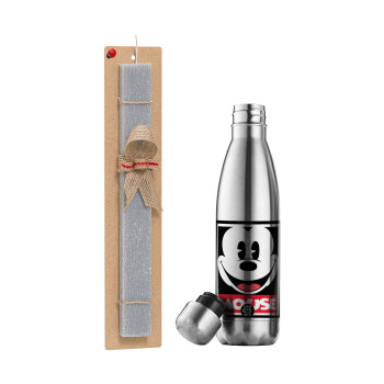 Mickey Mouse, Easter Set, metallic stainless thermos flask (500ml) & scented flat Easter candle (30cm) (GRAY)