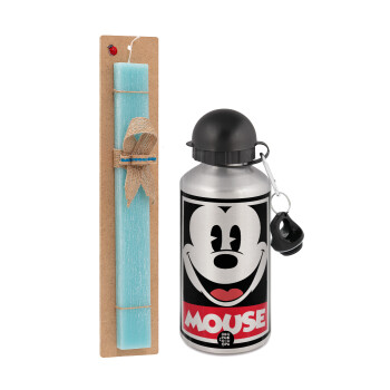 Mickey Mouse, Easter Set, metallic silver aluminum water bottle (500ml) & scented flat Easter candle (30cm) (TURQUOISE)