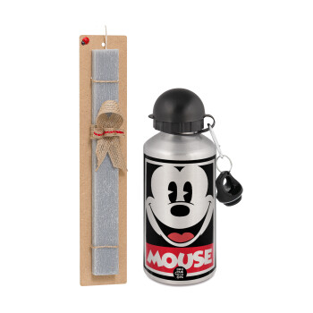 Mickey Mouse, Easter Set, metallic silver aluminum water bottle (500ml) & aromatic flat Easter candle (30cm) (GRAY)