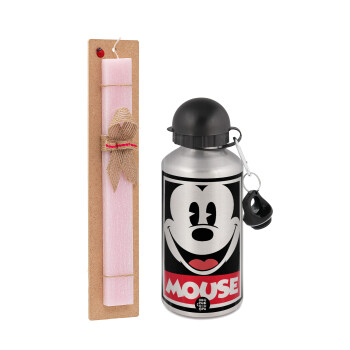 Mickey Mouse, Easter Set, metallic Silver aluminum water bottle (500ml) & scented flat Easter candle (30cm) (PINK)