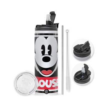 Mickey Mouse, Travel Tumbler 2 Lids, with metal straw & cleaning brush (Stainless steel 304 Food grade, BPA free, 600ml)