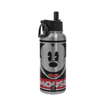 Mickey Mouse, Metal mug thermo Silver with Straw and Spout Lid (Stainless steel), double wall, 950ml