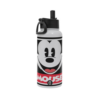 Mickey Mouse, Metal mug thermo White with Straw and Spout Lid (Stainless steel), double wall, 950ml