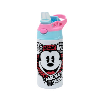 Mickey Mouse, Children's hot water bottle, stainless steel, with safety straw, Pink/BlueCiel (360ml) BPA FREE