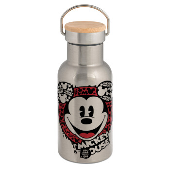 Mickey Mouse, Μεταλλικό παγούρι θερμός (Stainless steel) Ασημένιο με ξύλινο καπακι (bamboo), διπλού τοιχώματος, 350ml