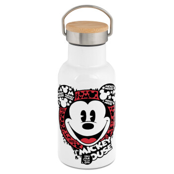 Mickey Mouse, Metallic thermos (Stainless steel) White with wooden lid (bamboo), double-walled, 350ml