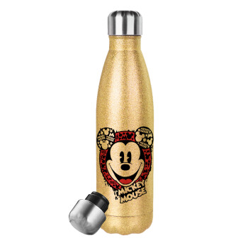 Mickey Mouse, Μεταλλικό παγούρι θερμός Glitter χρυσό (Stainless steel), διπλού τοιχώματος, 500ml