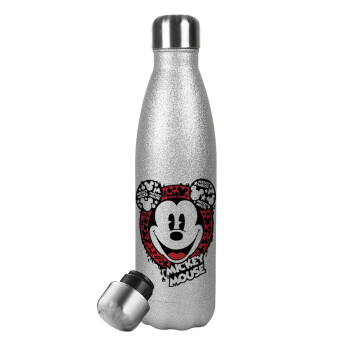 Mickey Mouse, Μεταλλικό παγούρι θερμός Glitter Aσημένιο (Stainless steel), διπλού τοιχώματος, 500ml