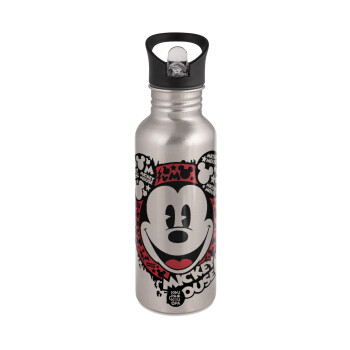 Mickey Mouse, Water bottle Silver with straw, stainless steel 600ml