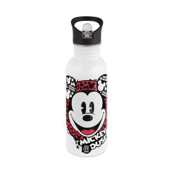 Mickey Mouse, White water bottle with straw, stainless steel 600ml