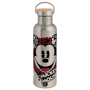 Mickey Mouse, Μεταλλικό παγούρι θερμός (Stainless steel) Ασημένιο με ξύλινο καπακι (bamboo), διπλού τοιχώματος, 750ml