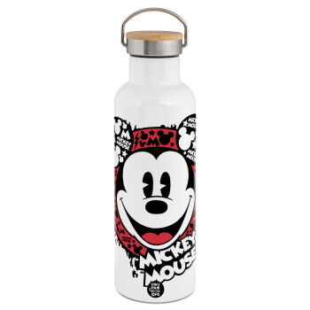 Mickey Mouse, Stainless steel White with wooden lid (bamboo), double wall, 750ml