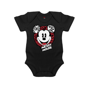 Mickey Mouse, Βρεφικό φορμάκι μωρού, 0-18 μηνών, ΜΑΥΡΟ, 100% Organic Cotton, κοντομάνικο