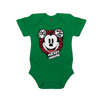 Mickey Mouse, Βρεφικό φορμάκι μωρού, ΠΡΑΣΙΝΟ, 100% Organic Cotton, κοντομάνικο