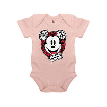 Mickey Mouse, Βρεφικό φορμάκι μωρού, 0-18 μηνών, ΡΟΖ POWDER, 100% Organic Cotton, κοντομάνικο