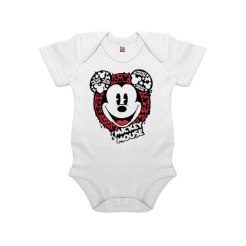 Mickey Mouse, Βρεφικό φορμάκι μωρού, 0-24 μηνών, ΛΕΥΚΟ, 100% Organic Cotton, κοντομάνικο