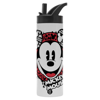 Mickey Mouse, Metallic thermos bottle with straw & handle, stainless steel (Stainless steel 304), double-walled, 600ml.