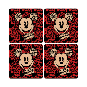 Mickey Mouse, ΣΕΤ x4 Σουβέρ ξύλινα τετράγωνα plywood (9cm)