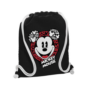 Mickey Mouse, Backpack pouch GYMBAG Black, with pocket (40x48cm) & thick white cords