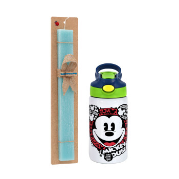 Mickey Mouse, Easter Set, Children's thermal stainless steel bottle with safety straw, green/blue (350ml) & aromatic flat Easter candle (30cm) (TURQUOISE)