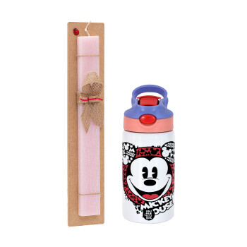 Mickey Mouse, Easter Set, Children's thermal stainless steel water bottle with safety straw, pink/purple (350ml) & Easter scented flat candle (30cm) (PINK)