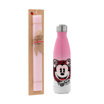 Mickey Mouse, Easter Set, Metallic pink/white (Stainless steel) thermos, double-walled, 500ml & aromatic flat Easter candle (30cm) (PINK)