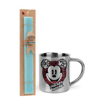 Mickey Mouse, Easter Set, metallic thermal cup (300ml) & aromatic flat Easter candle (30cm) (TURQUOISE)