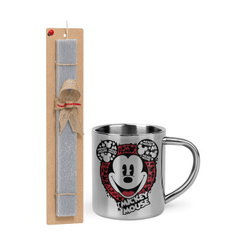 Mickey Mouse, Πασχαλινό Σετ, μεταλλική κούπα θερμό (300ml) & πασχαλινή λαμπάδα αρωματική πλακέ (30cm) (ΓΚΡΙ)