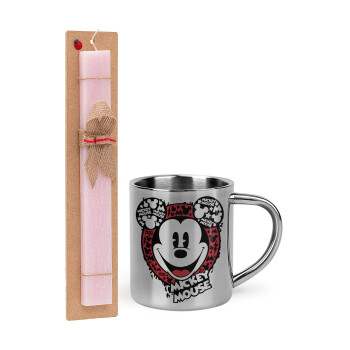 Mickey Mouse, Πασχαλινό Σετ, μεταλλική κούπα θερμό (300ml) & πασχαλινή λαμπάδα αρωματική πλακέ (30cm) (ΡΟΖ)