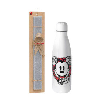 Mickey Mouse, Easter Set, metallic stainless thermos bottle (500ml) & scented flat Easter candle (30cm) (GRAY)