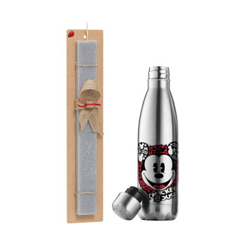 Mickey Mouse, Easter Set, metallic stainless thermos flask (500ml) & scented flat Easter candle (30cm) (GRAY)