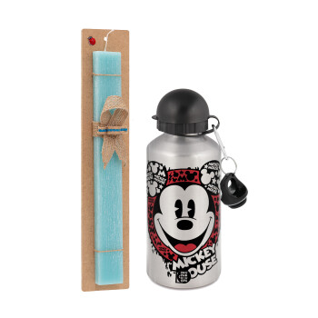 Mickey Mouse, Easter Set, metallic silver aluminum water bottle (500ml) & scented flat Easter candle (30cm) (TURQUOISE)