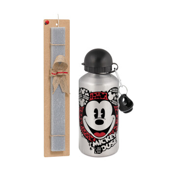 Mickey Mouse, Easter Set, metallic silver aluminum water bottle (500ml) & aromatic flat Easter candle (30cm) (GRAY)