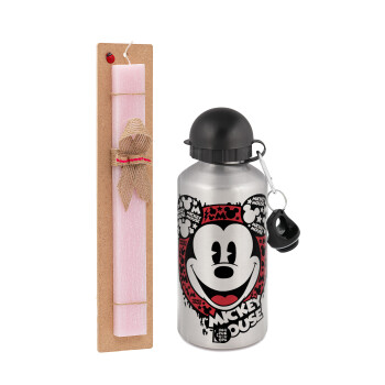 Mickey Mouse, Easter Set, metallic Silver aluminum water bottle (500ml) & scented flat Easter candle (30cm) (PINK)