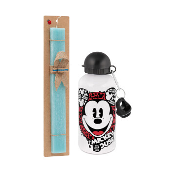 Mickey Mouse, Easter Set, metallic aluminum water bottle (500ml) & scented flat candle (30cm) (TURQUOISE)