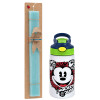 Easter Set, Children's thermal stainless steel bottle with safety straw, green/blue (350ml) & aromatic flat Easter candle (30cm) (TURQUOISE)