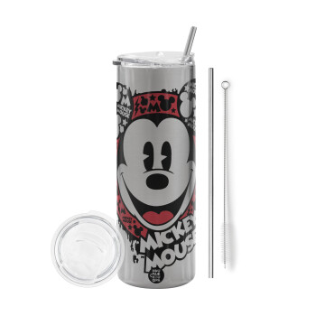 Mickey Mouse, Eco friendly ποτήρι θερμό Ασημένιο (tumbler) από ανοξείδωτο ατσάλι 600ml, με μεταλλικό καλαμάκι & βούρτσα καθαρισμού