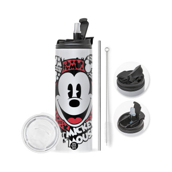 Mickey Mouse, Travel Tumbler θερμό με διπλό καπάκι, μεταλλικό καλαμάκι και βούρτσα καθαρισμού (Ανωξείδωτο 304 Food grade, BPA free, 600ml)