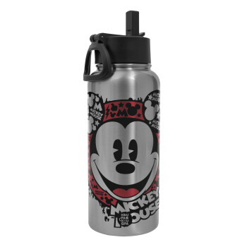 Mickey Mouse, Μεταλλικό παγούρι θερμός Silver με καλαμάκι και χερούλι (Stainless steel), διπλού τοιχώματος, 950ml