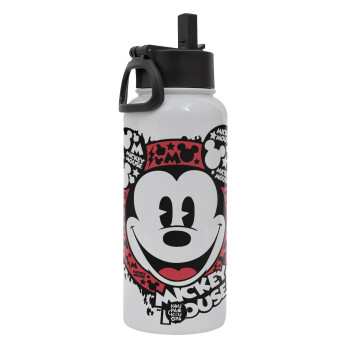 Mickey Mouse, Metal mug thermo White with Straw and Spout Lid (Stainless steel), double wall, 950ml