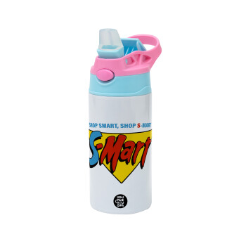 S-mart Evil Dead, Children's hot water bottle, stainless steel, with safety straw, Pink/BlueCiel (360ml) BPA FREE