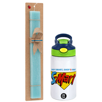 S-mart Evil Dead, Easter Set, Children's thermal stainless steel bottle with safety straw, green/blue (350ml) & aromatic flat Easter candle (30cm) (TURQUOISE)