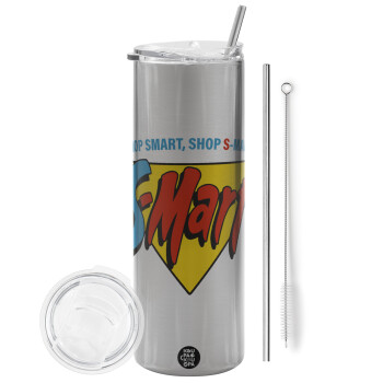 S-mart Evil Dead, Eco friendly ποτήρι θερμό Ασημένιο (tumbler) από ανοξείδωτο ατσάλι 600ml, με μεταλλικό καλαμάκι & βούρτσα καθαρισμού